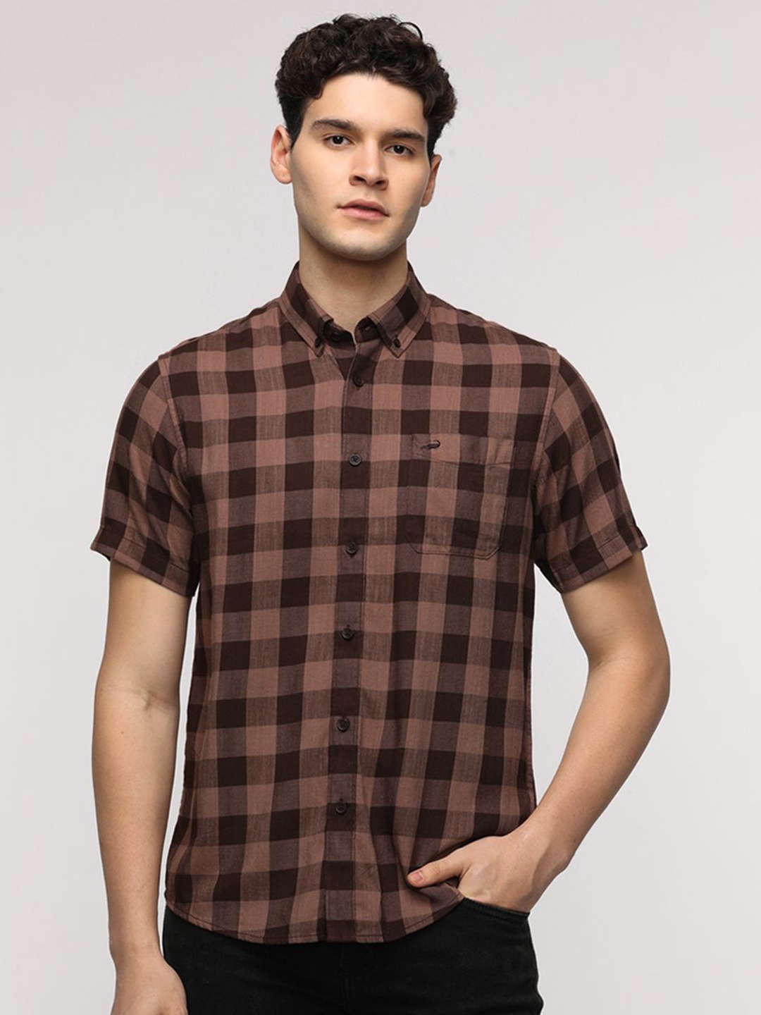 

Crocodile Comfort Buffalo Checked Button Down Collar Casual Shirt, Brown