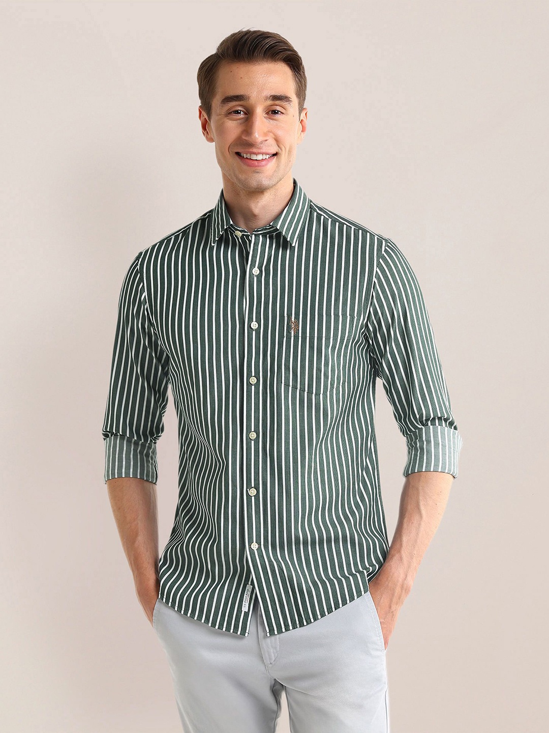 

U.S. Polo Assn. Men Classic Spread Collar Striped Cotton Casual Shirt, Green