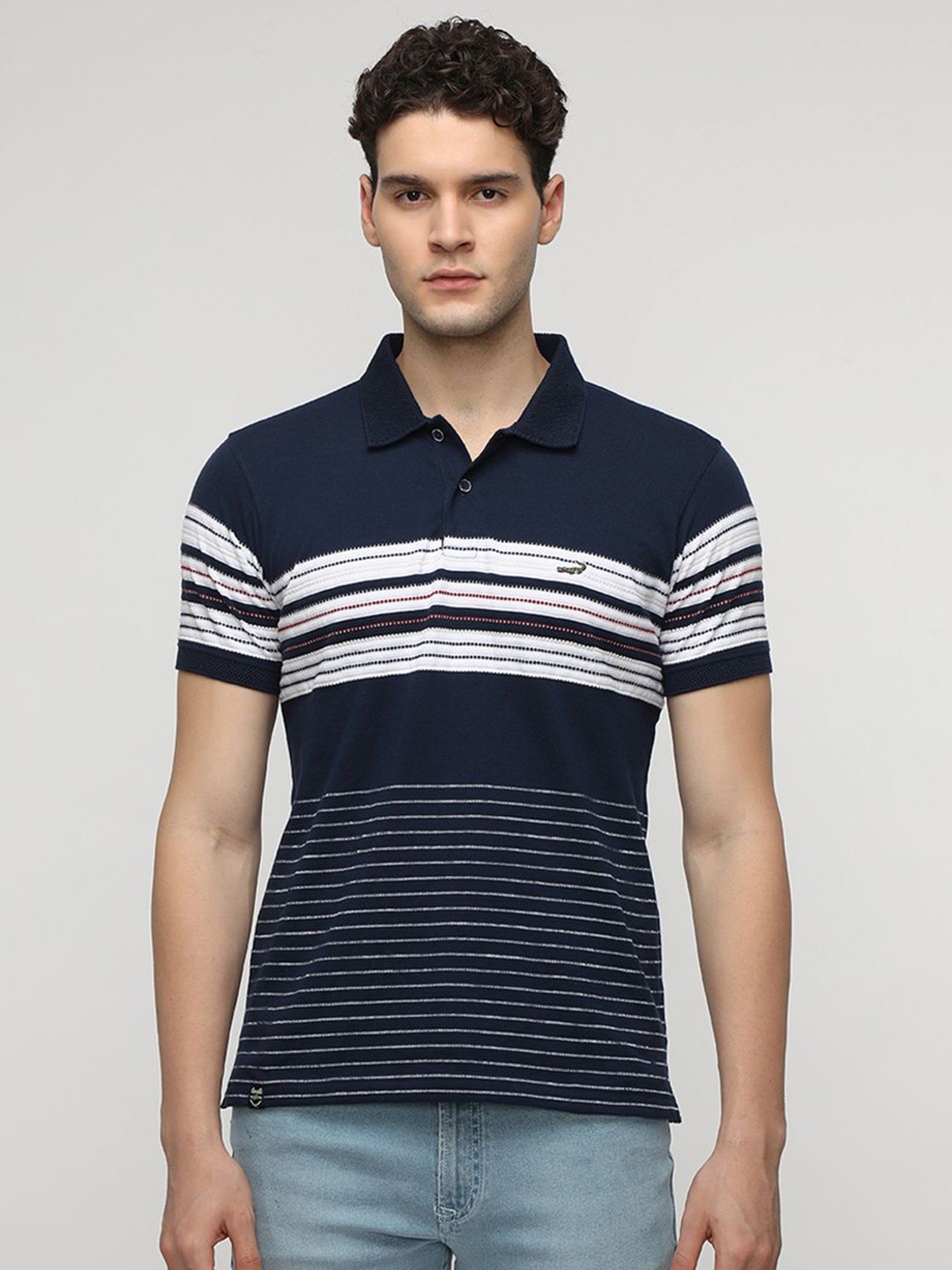 

Crocodile Men Striped Polo Collar Cotton Slim Fit T-shirt, Navy blue