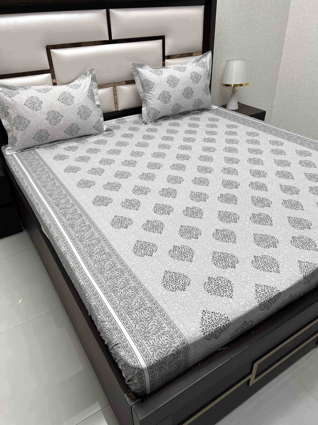 

Pure Decor Grey Ethnic Motifs 400 TC Pure Cotton Queen Bedsheet with 2 Pillow Covers
