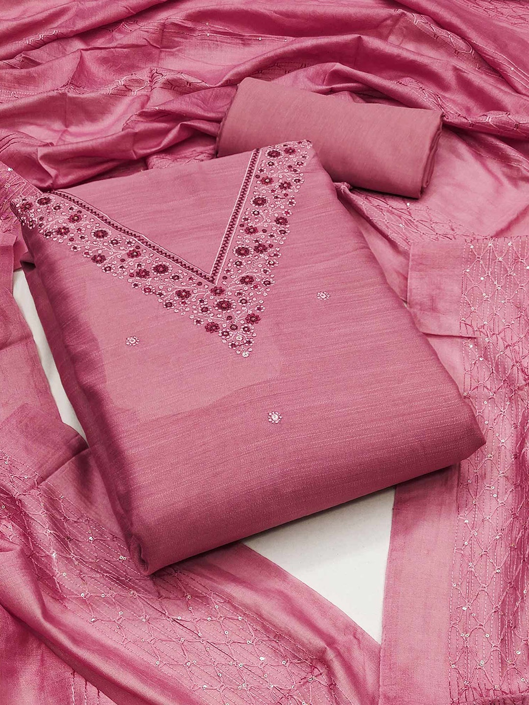 

Peachmode Ethnic Motifs Embroidered Sequinned Unstitched Dress Material, Pink