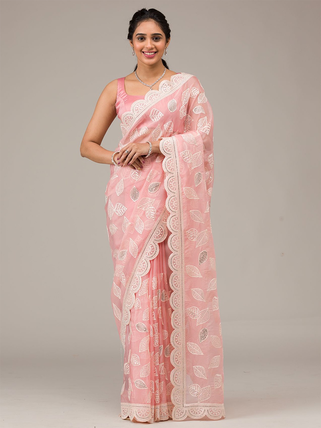 

Koskii Floral Embroidered Sequinned Organza Saree, Pink