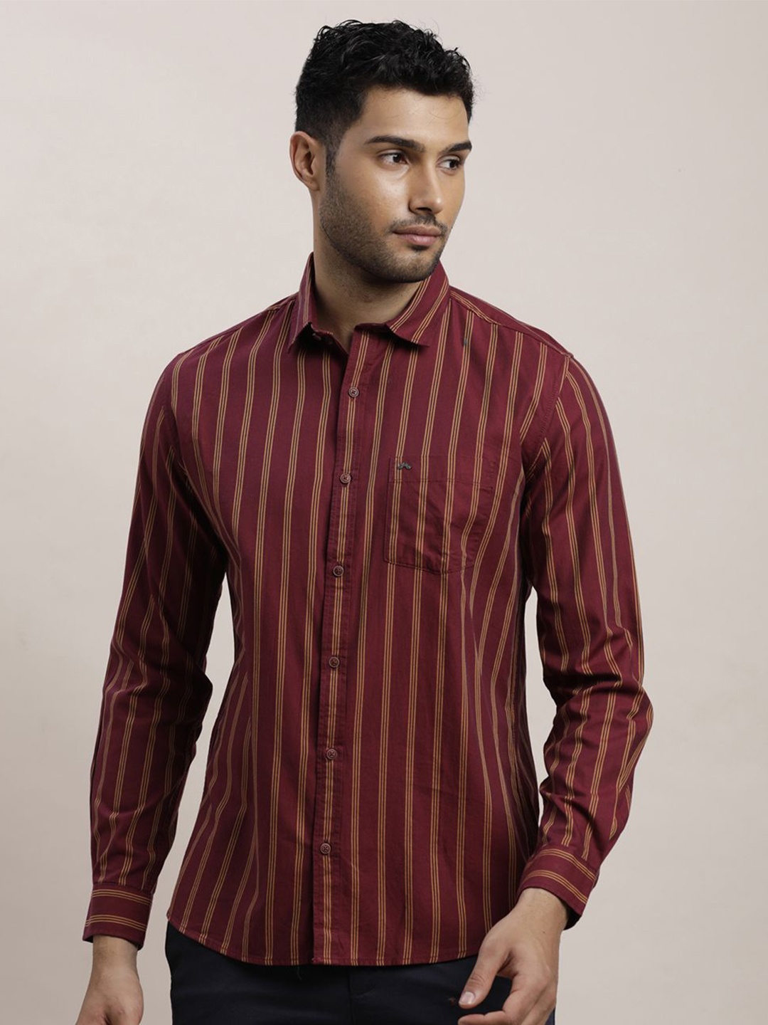 

Turtle Men Relaxed Spread Collar Striped Cotton Slim Fit Casual Shirt, Red