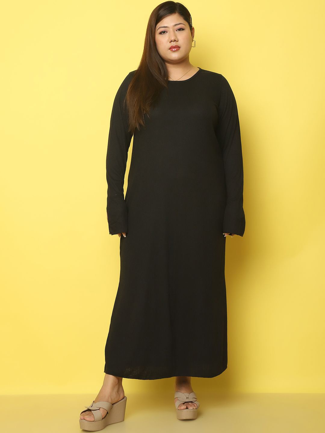 

theRebelinme Women Solid Round Neck Bell Sleeves Maxi Dress, Black