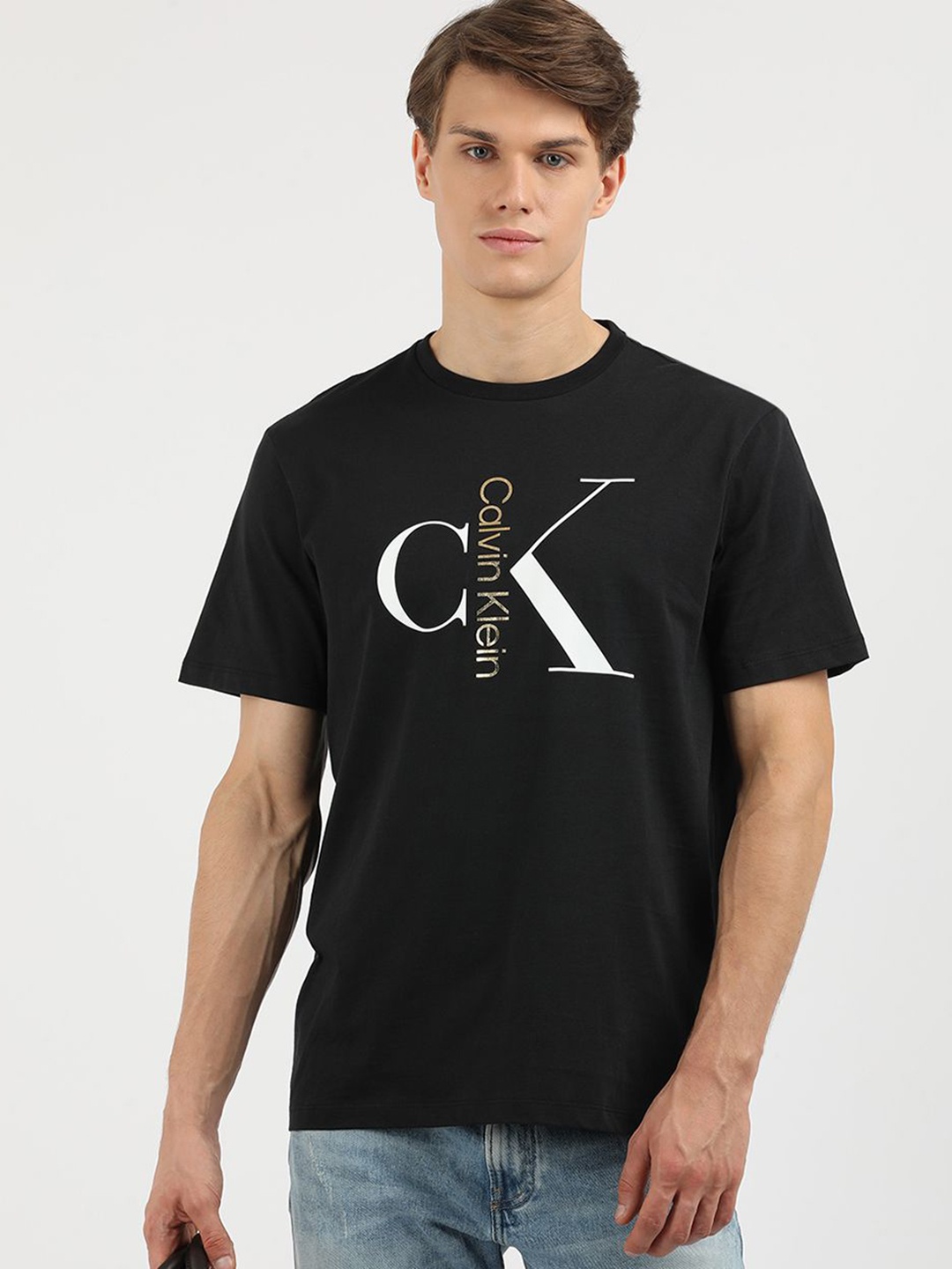 

Calvin Klein Jeans Men Typography Printed Round Neck Cotton T-Shirt, Black