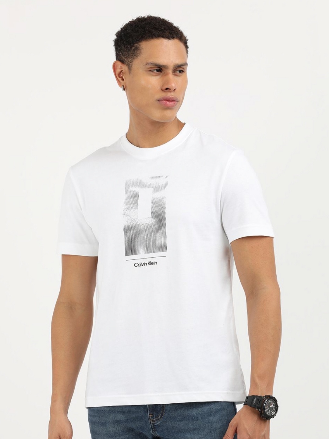 

Calvin Klein Jeans Men Graphic Printed Round Neck Cotton T-Shirt, White