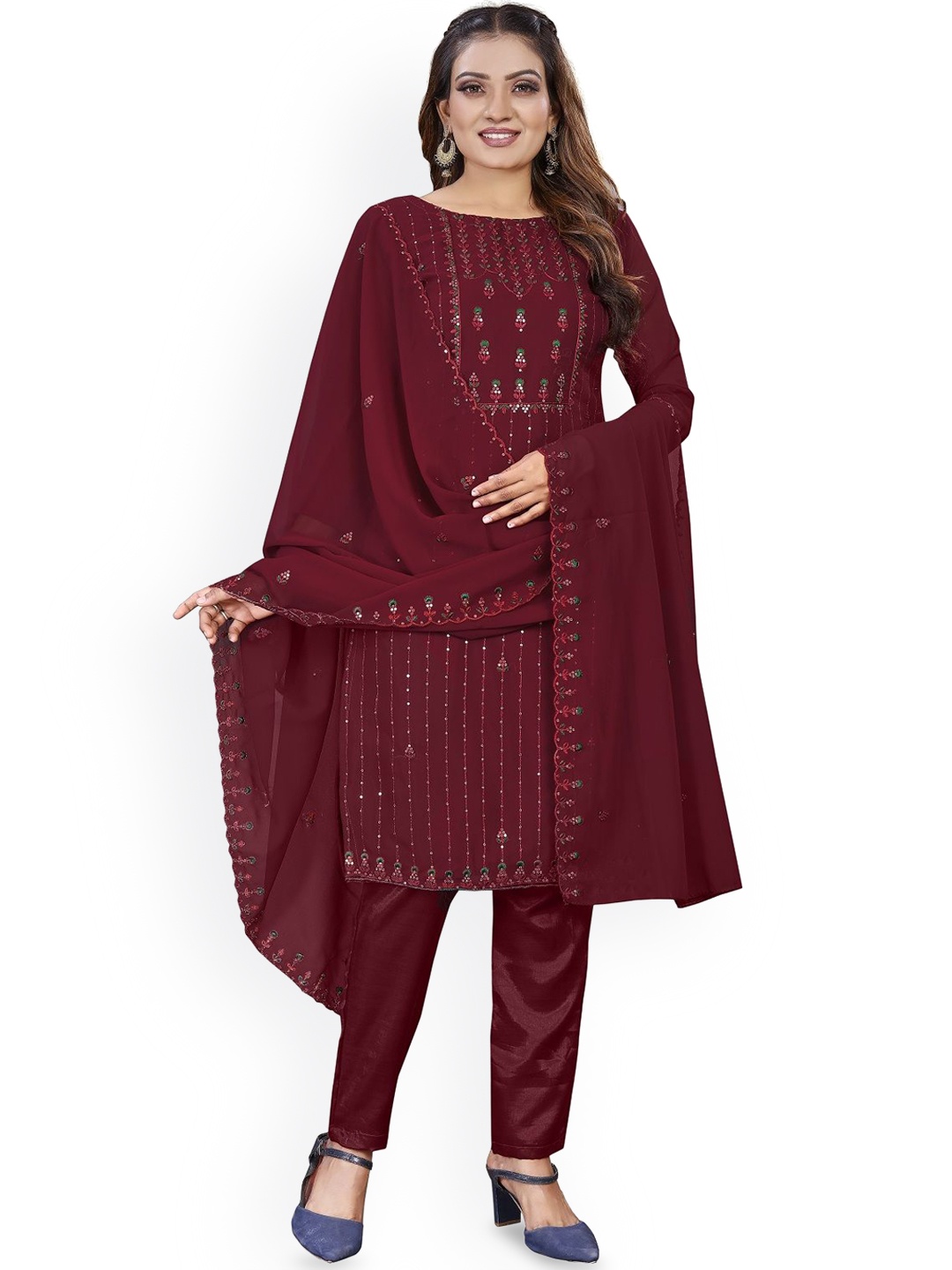 

APNISHA Floral Embellished Silk Georgette Unstitched Dress Material, Maroon