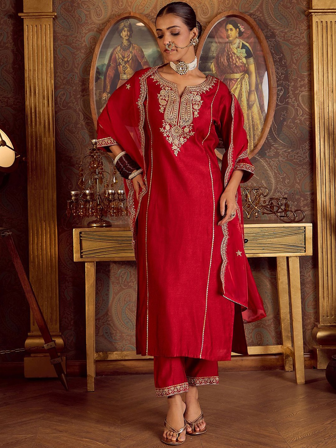 

Indo Era Ethnic Motifs Embroidered Kurta With Trousers & Dupatta, Red