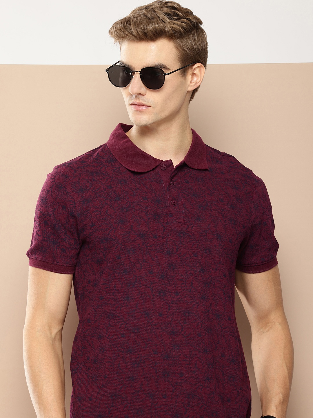 

INVICTUS Floral Printed Polo Collar Pure Cotton T-shirt, Burgundy