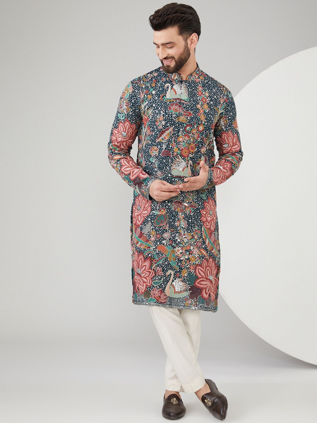 

KASBAH CLOTHING NISHCHAIY SAJDEH Floral Embroidered Sequinned Straight Kurta, Blue