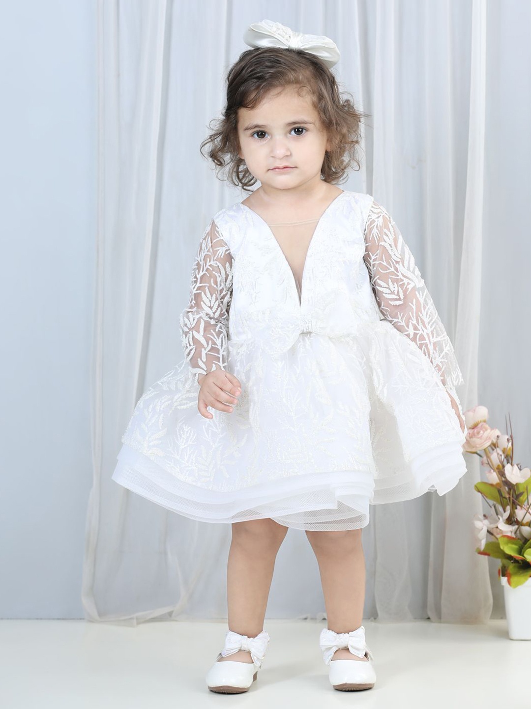 

The Lush Affair Girls Self Design Net Fit & Flare Dress, White