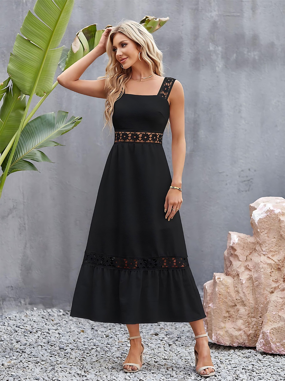 

ZELZIS Shoulder Straps A-Line Midi Dress, Black