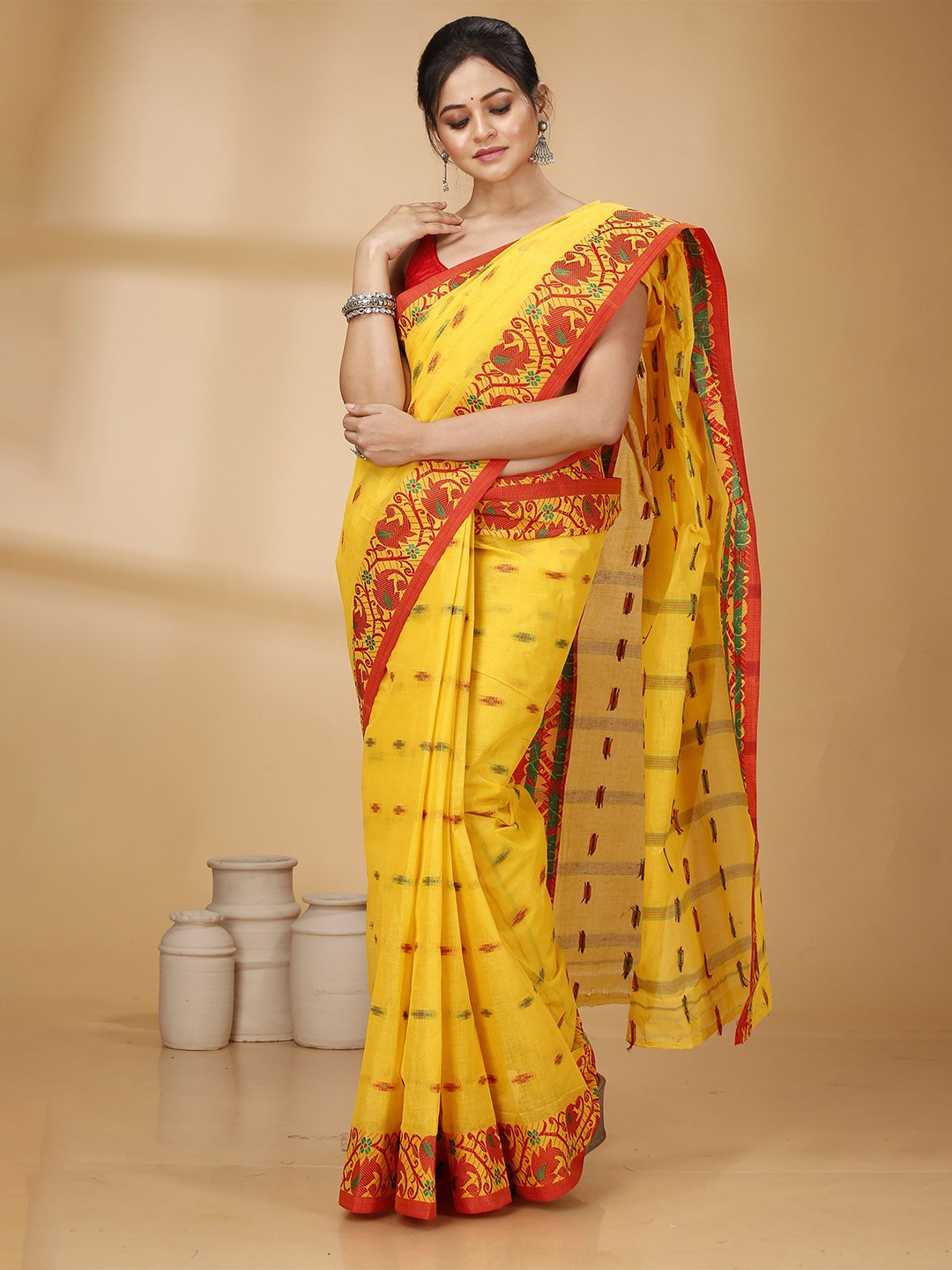 

Ruuprekha Woven Design Pure Cotton Taant Saree, Yellow