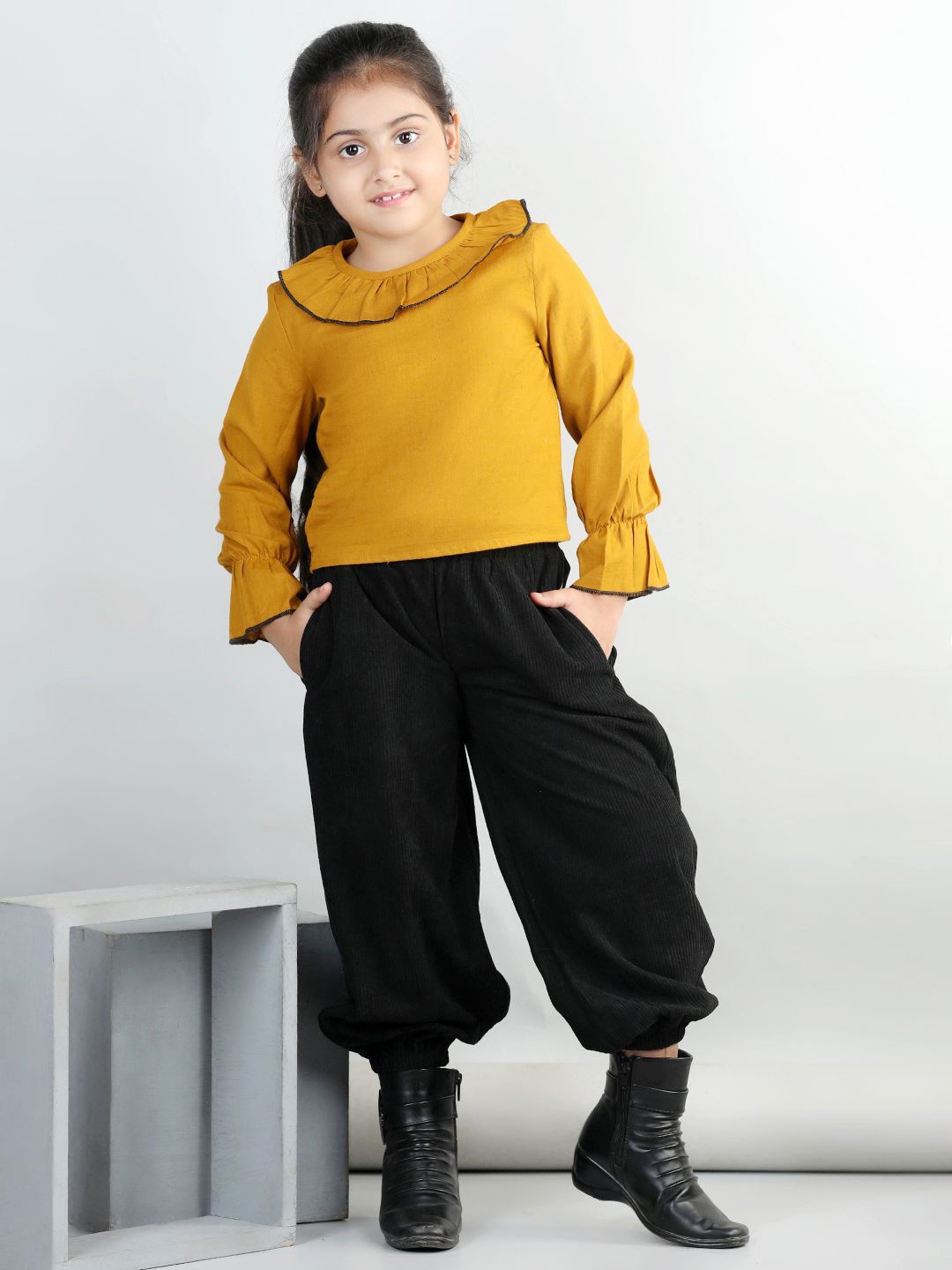 

AWW HUNNIE Girls Pure Cotton Top With Corduroy Joggers, Mustard
