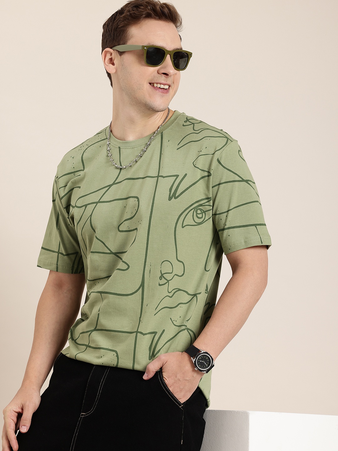 

HERE&NOW Printed Drop-Shoulder Sleeves Pure Cotton T-shirt, Green