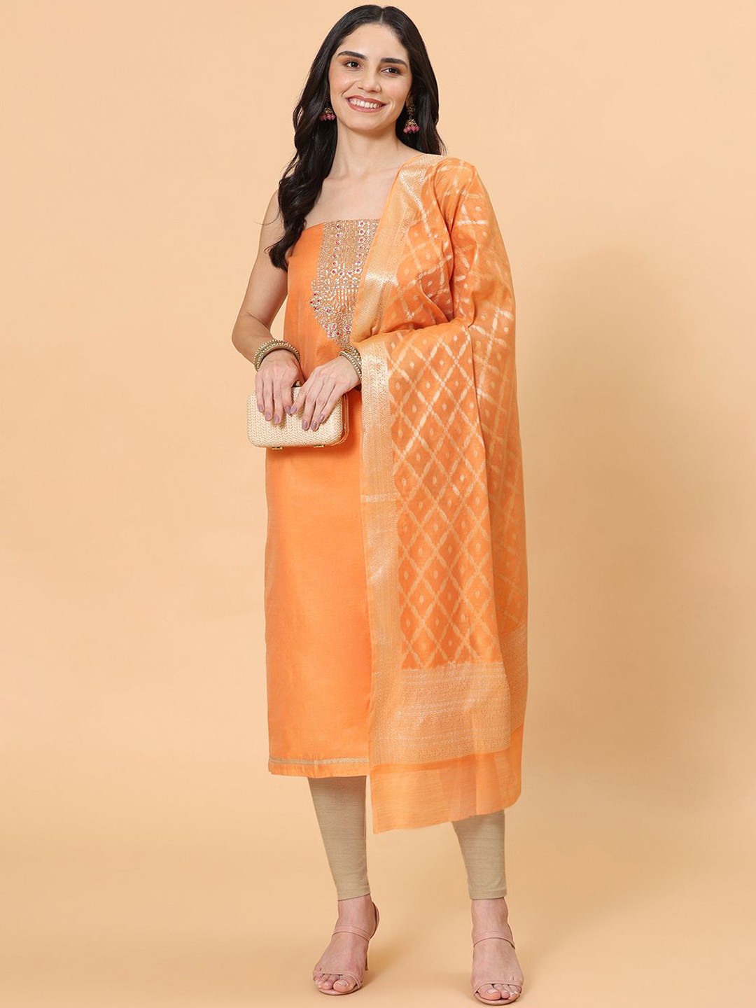

Meena Bazaar Floral Embroidered Art Silk Unstitched Dress Material, Orange