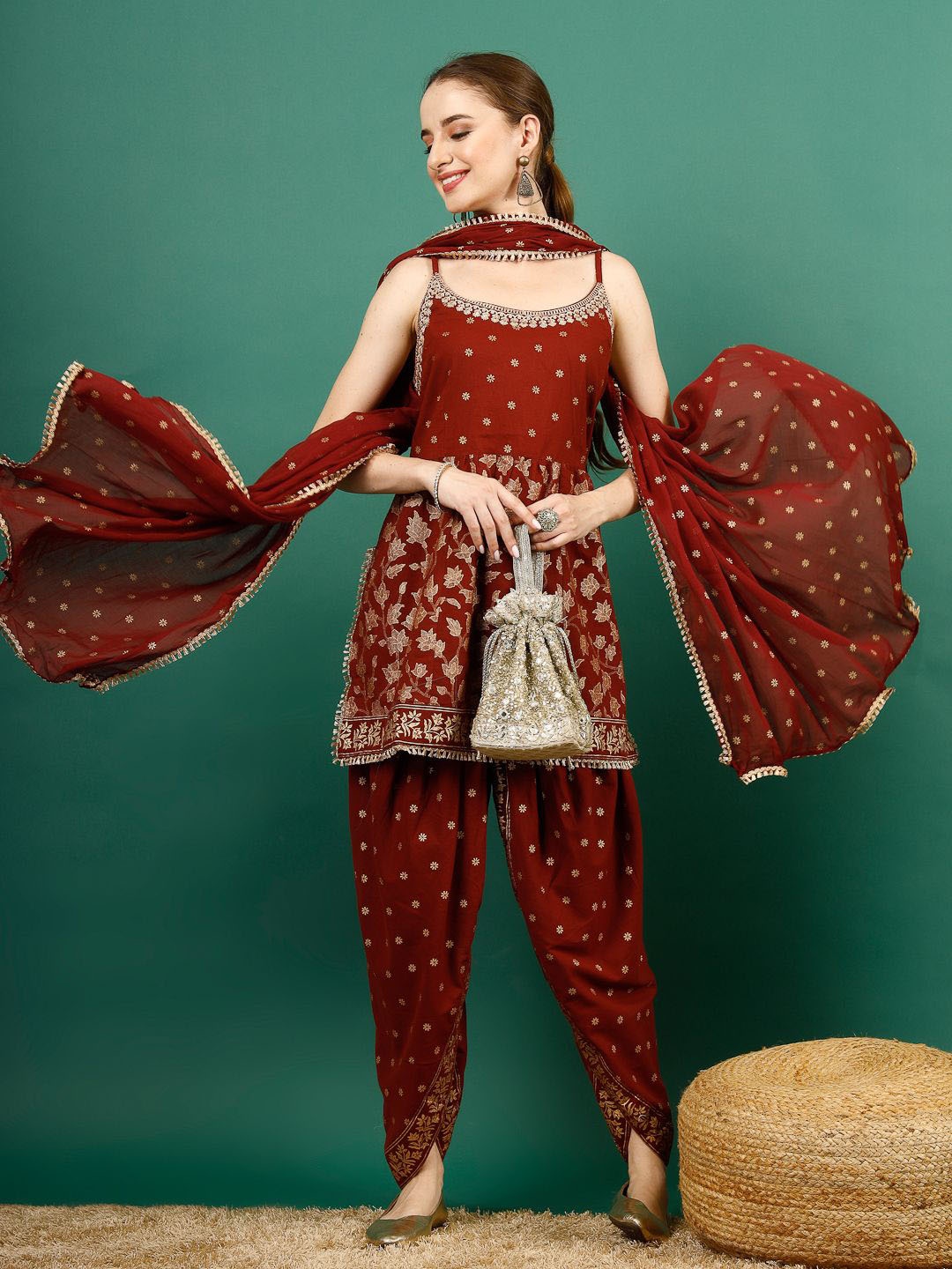 

Ramas Floral Embroidered A Line Kurta & Dhoti Pants With Dupatta, Maroon