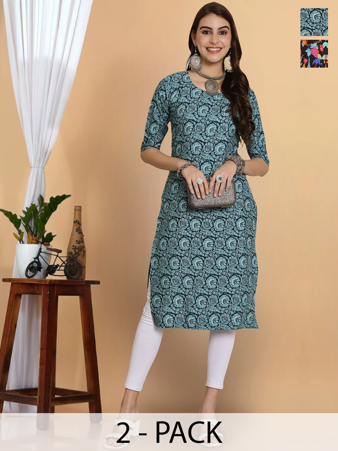 

7Threads Pack Of 2 Ethnic Motifs Printed Round Neck Short Sleeves Straight Kurta, Black