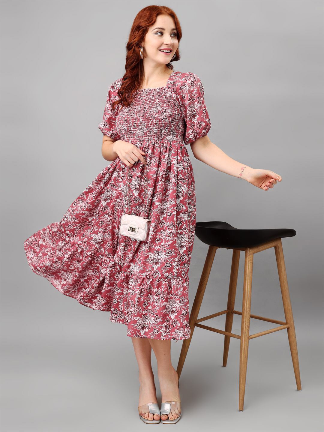 

Femvy Floral Print Puff Sleeve Applique Midi Dress, Pink