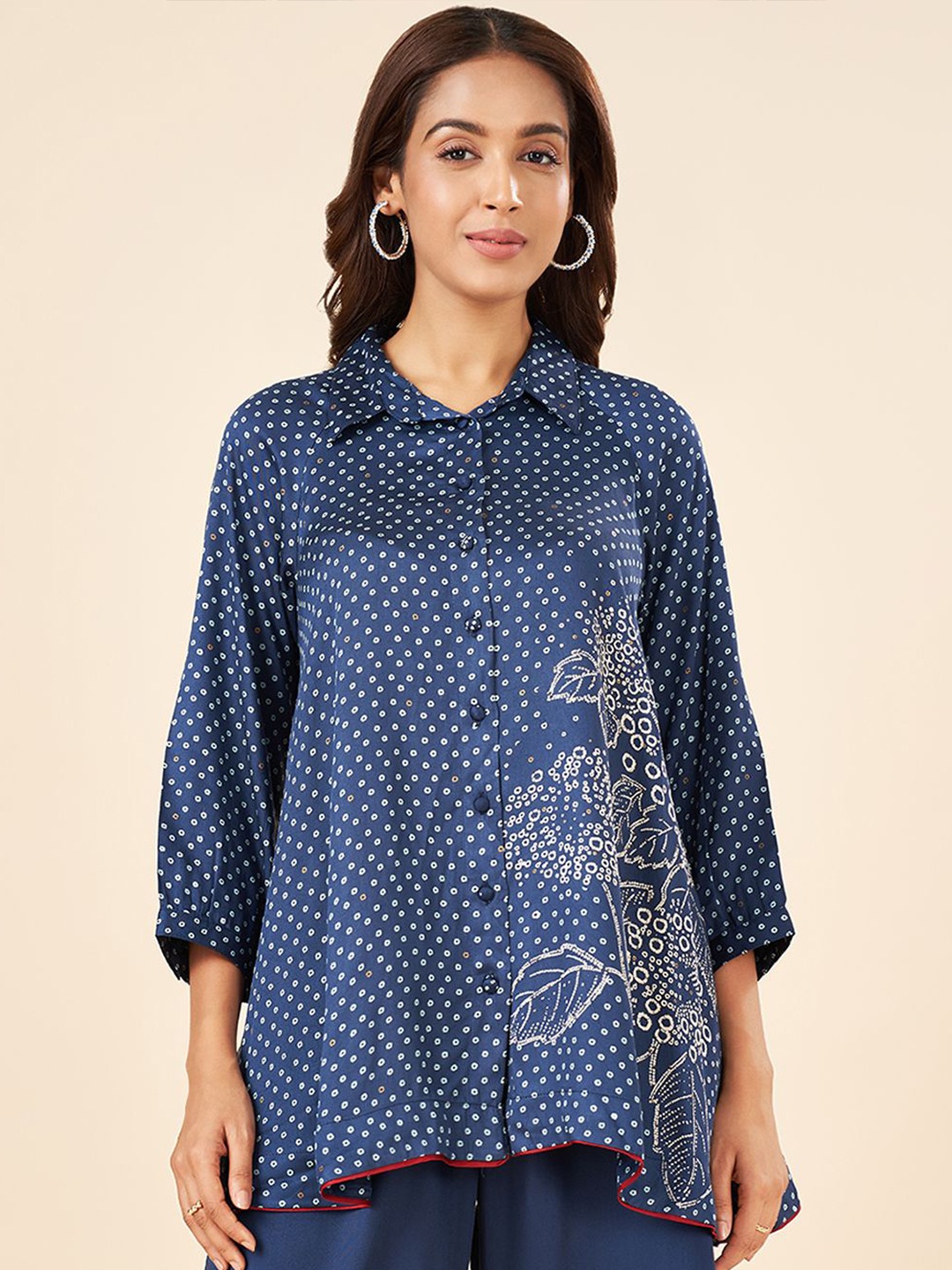 

AKKRITI BY PANTALOONS Modal Shirt Collar Printed Tunic, Navy blue