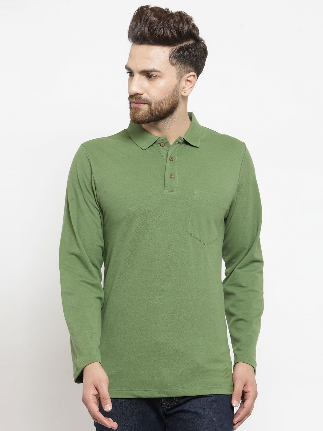 

Kalt Men Solid Polo Collar Cotton T-Shirt, Green