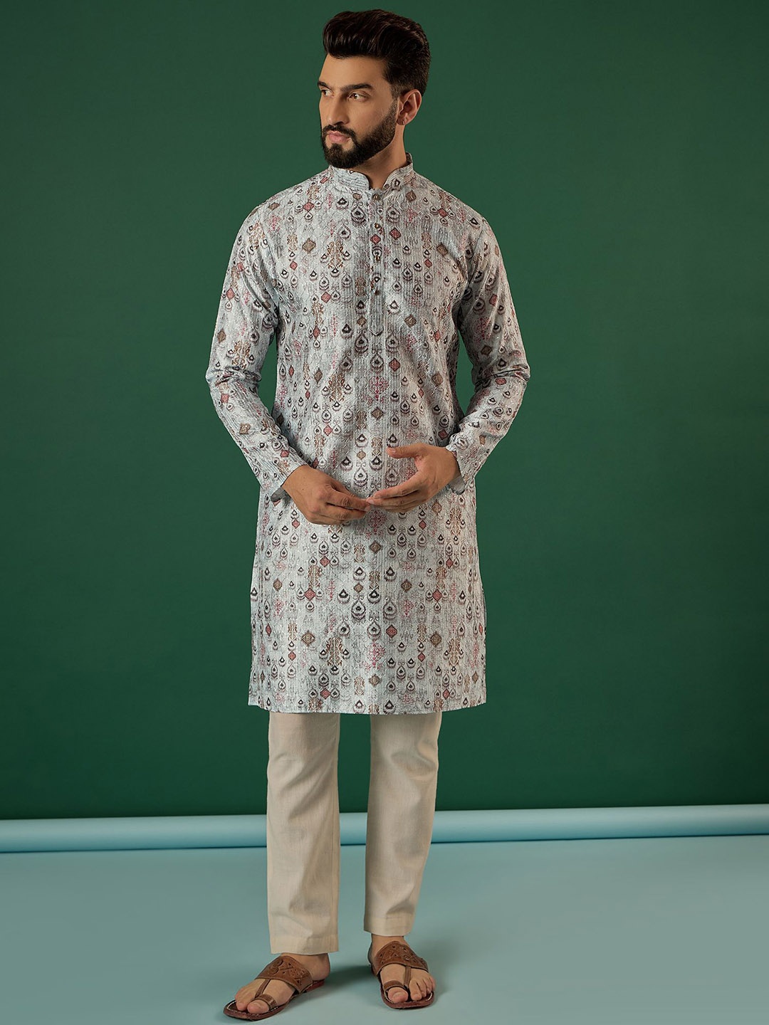 

Anouk Grey Ethnic Motifs Printed & Embroidered Sequinned Mandarin Collar Straight Kurta