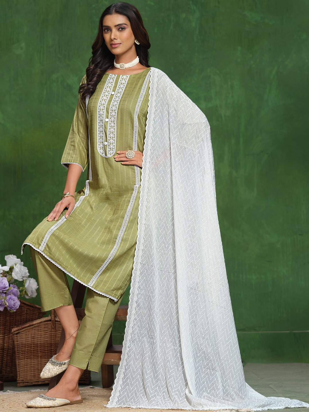 

Sangria Green Floral Embroidered Pure Cotton Straight Kurta With Trouser & Dupatta