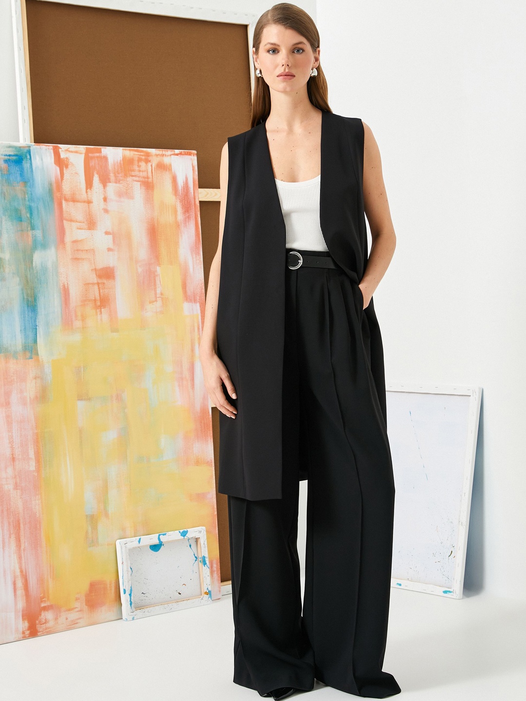 

Koton Shawl Collar Open Front Longline Jacket, Black