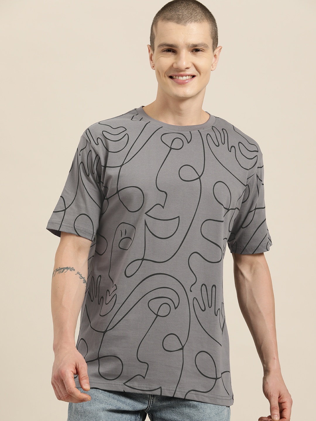 

HERE&NOW Printed Drop-Shoulder Sleeves Pure Cotton T-shirt, Grey