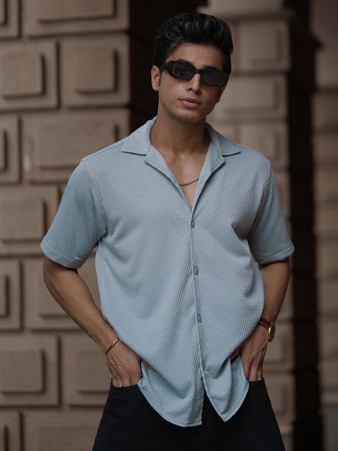 

Powerlook Men Cuban Collar Solid Casual Shirt, Grey