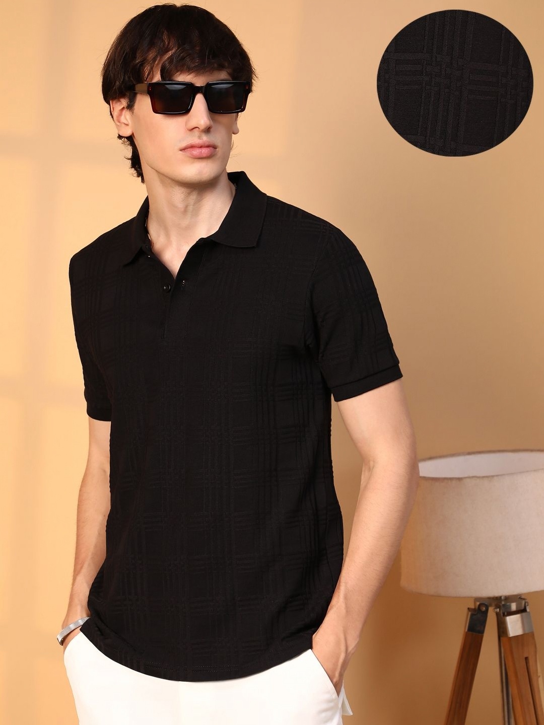 

Campus Sutra Men Self Design Polo Collar Cotton T-Shirt, Black