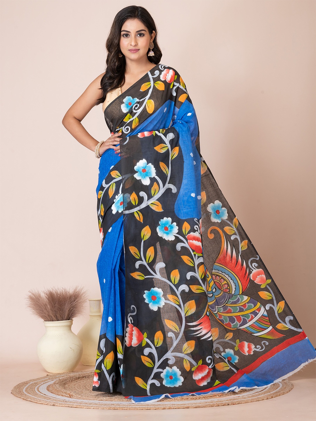 

Laa Calcutta Kalamkari Pure Cotton Saree, Blue