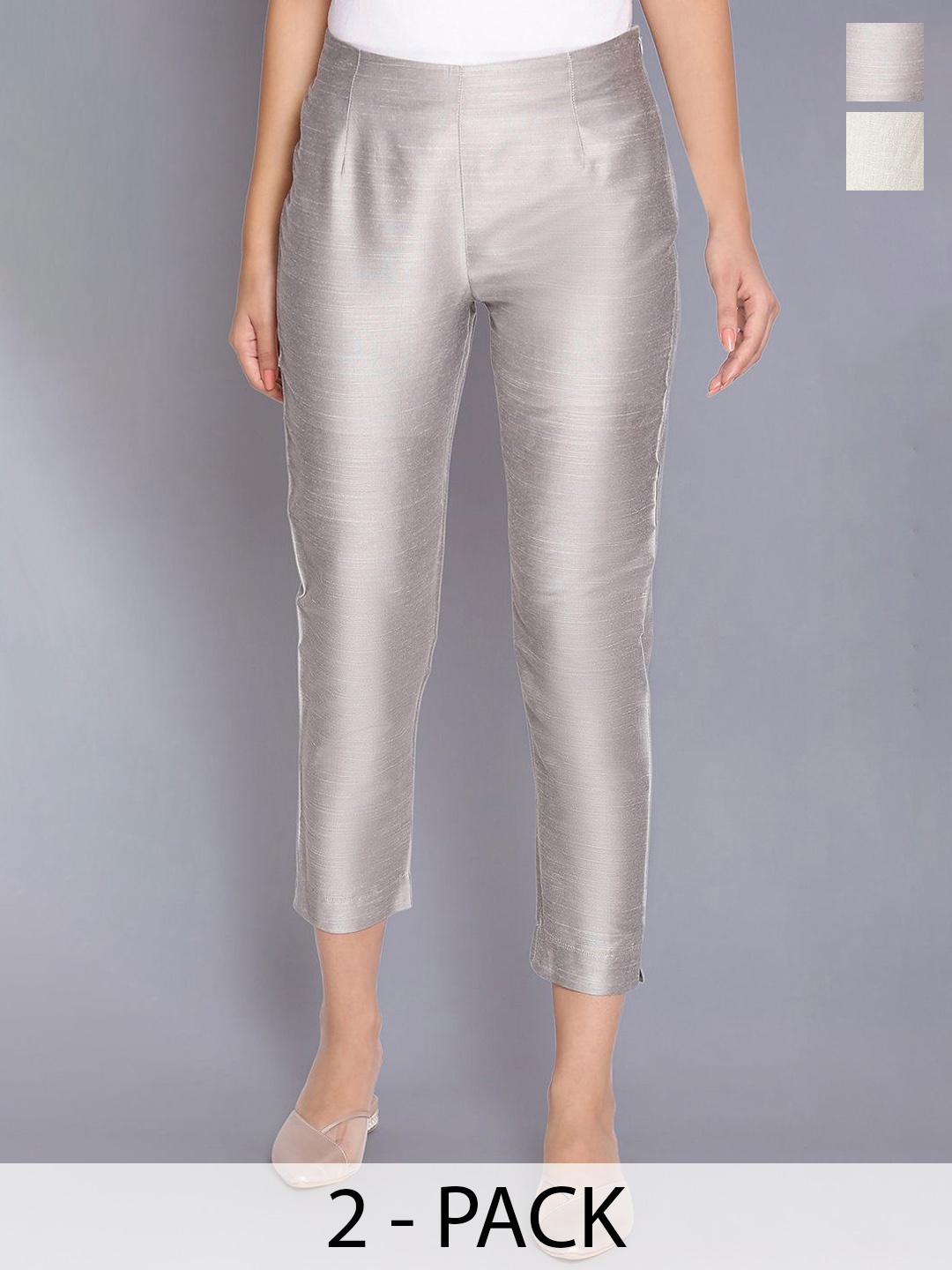 

W Women Pack Of 2 Slim Fit Trousers, Silver