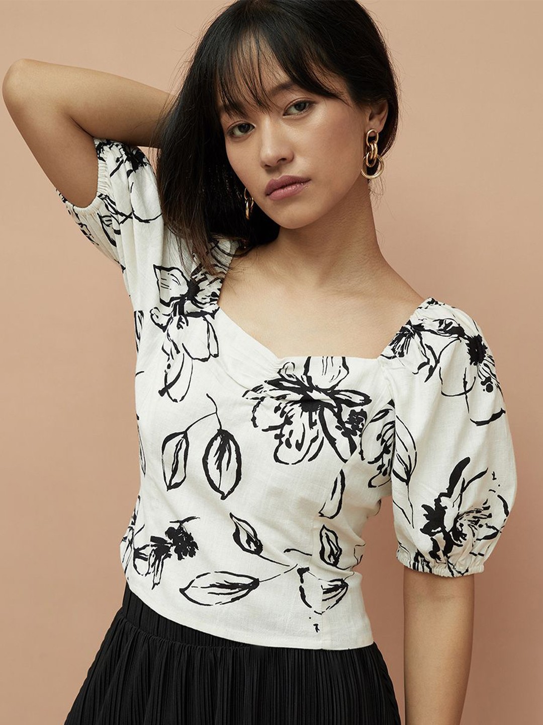 

Ginger by Lifestyle Floral Print Puff Sleeve Cotton Top, Off white