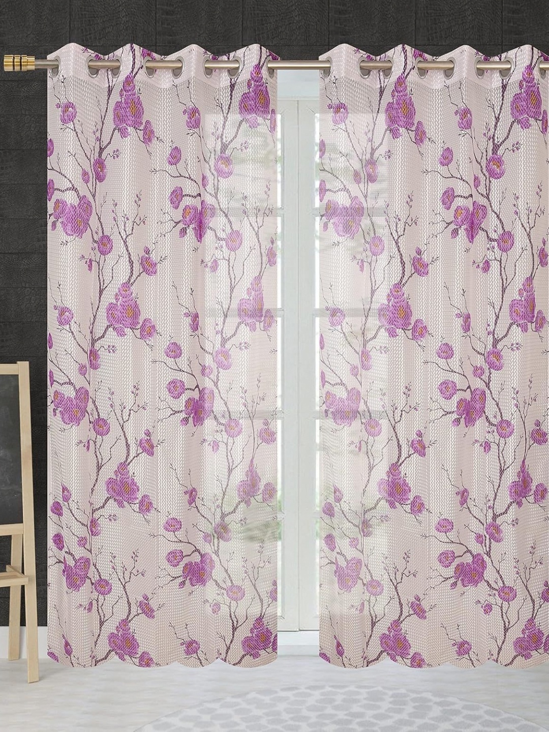 

JBG Home Store Purple & White 2 Pieces Floral Printed Sheer Window Curtain
