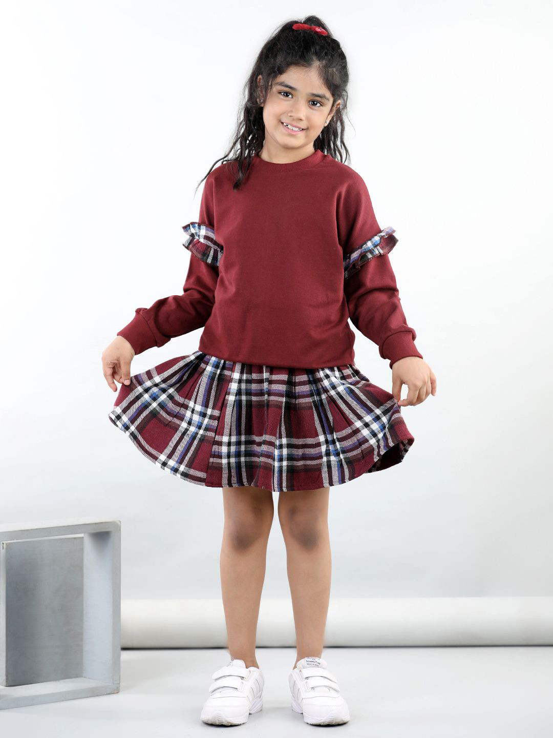 

AWW HUNNIE Girls Checked Ruffled Sweatshirt With Skirt, Maroon