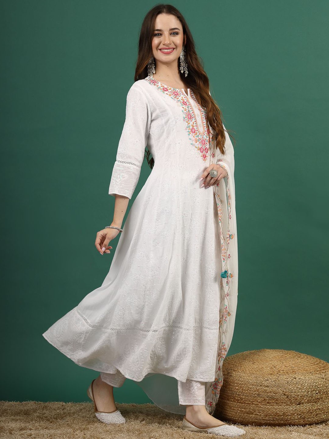 

Ramas Floral Embroidered Pure Cotton Anarkali Kurta & Trousers With Dupatta, White