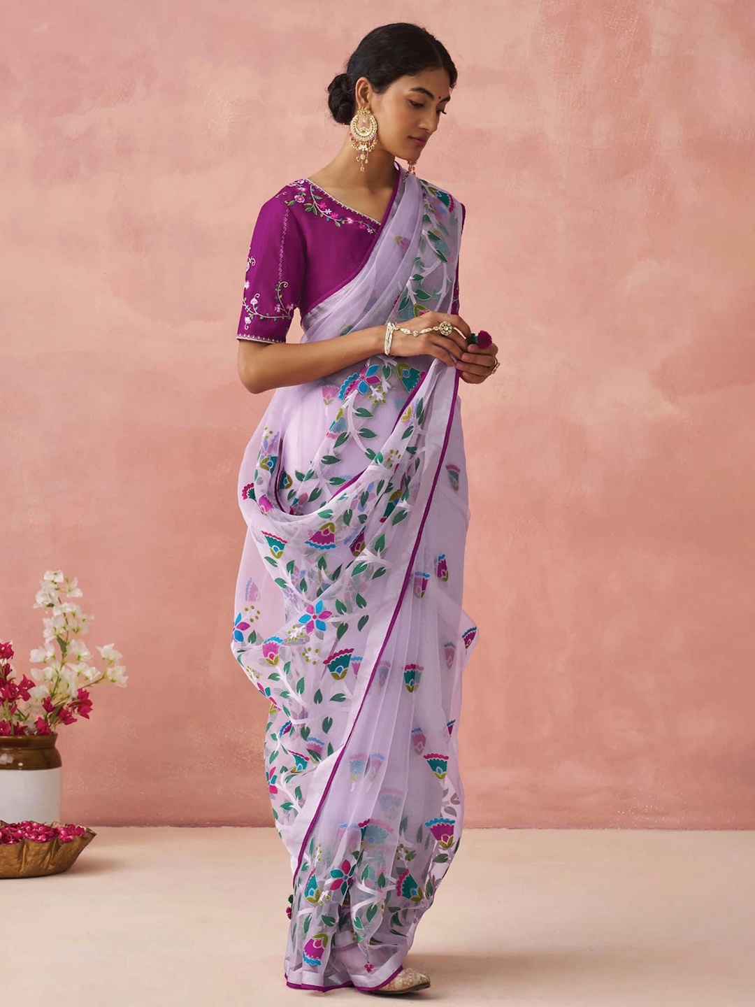 

KALINDI Floral Organza Tussar Saree, Lavender
