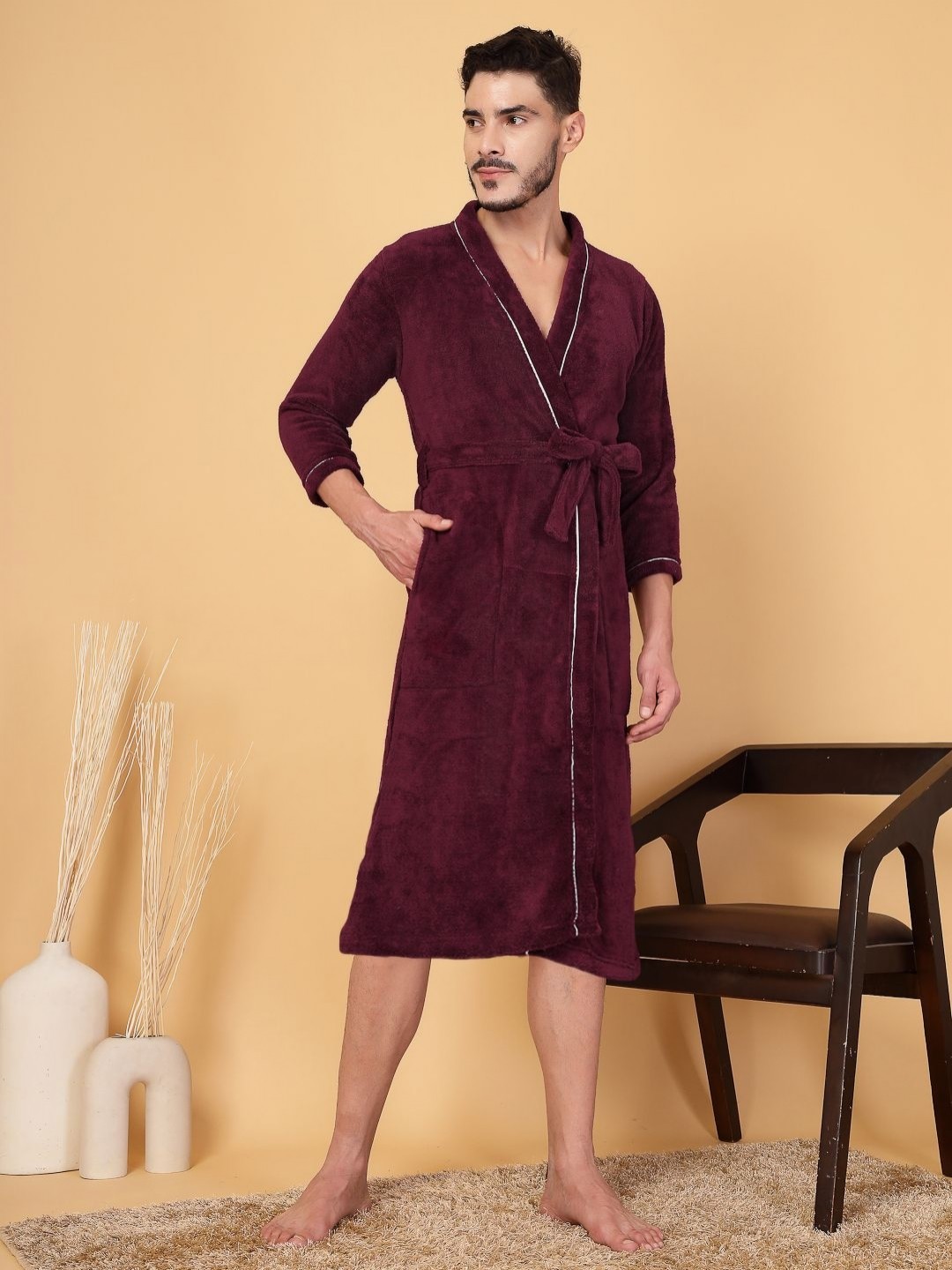 

FABINALIV Men Solid Cotton Bath Robe with Belt and 2 Cross Pockets, Maroon