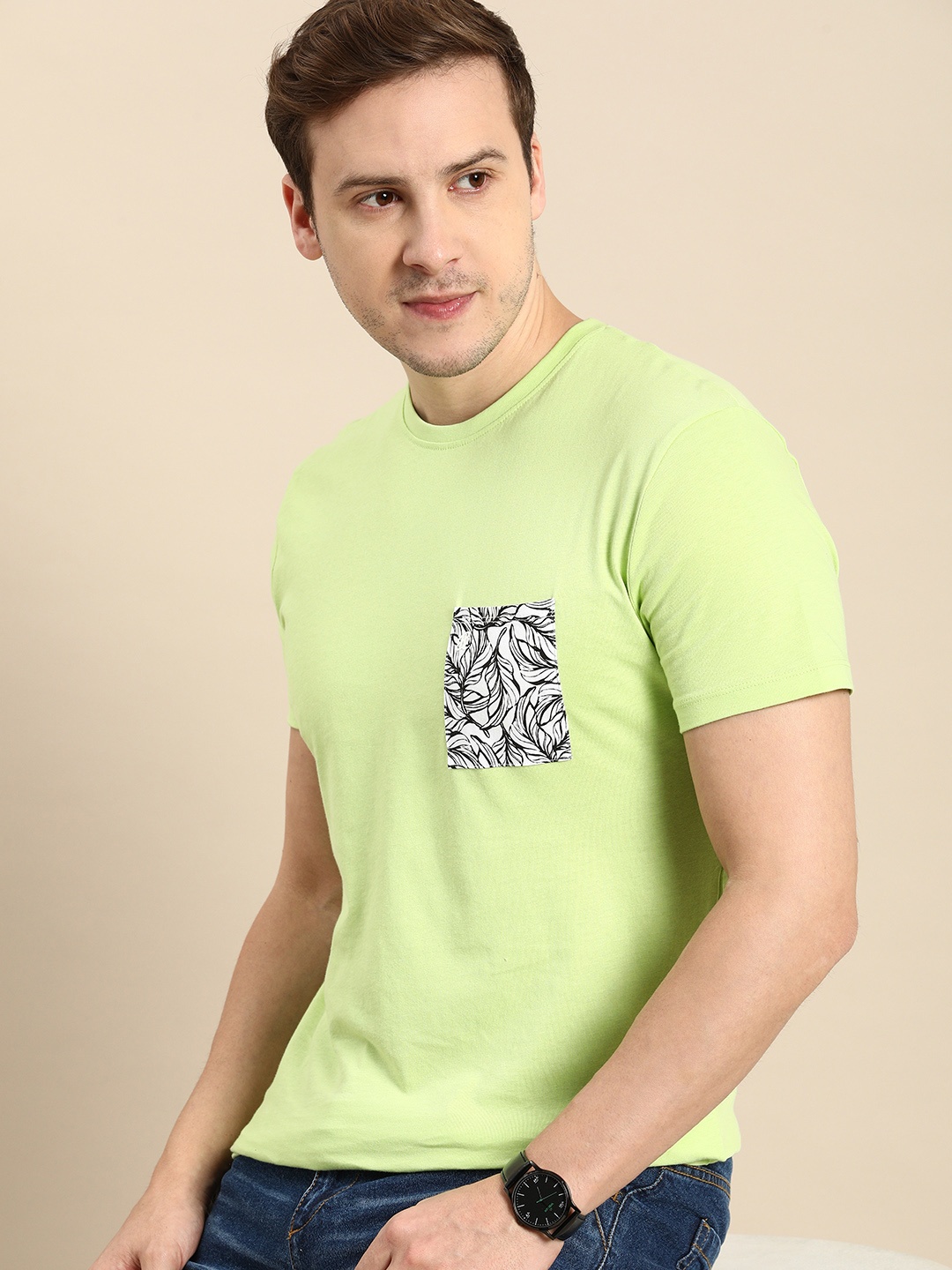 

Being Human Graphic Printed Pure Cotton Pocket T-shirt, Lime green