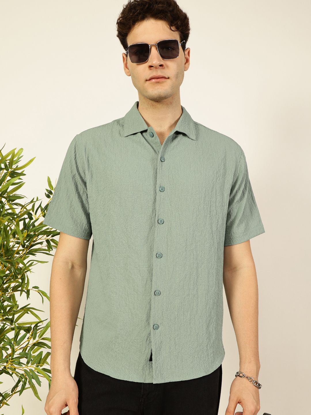 

Thomas Scott Men Premium Spread Collar Textured Cotton Casual Shirt, Green