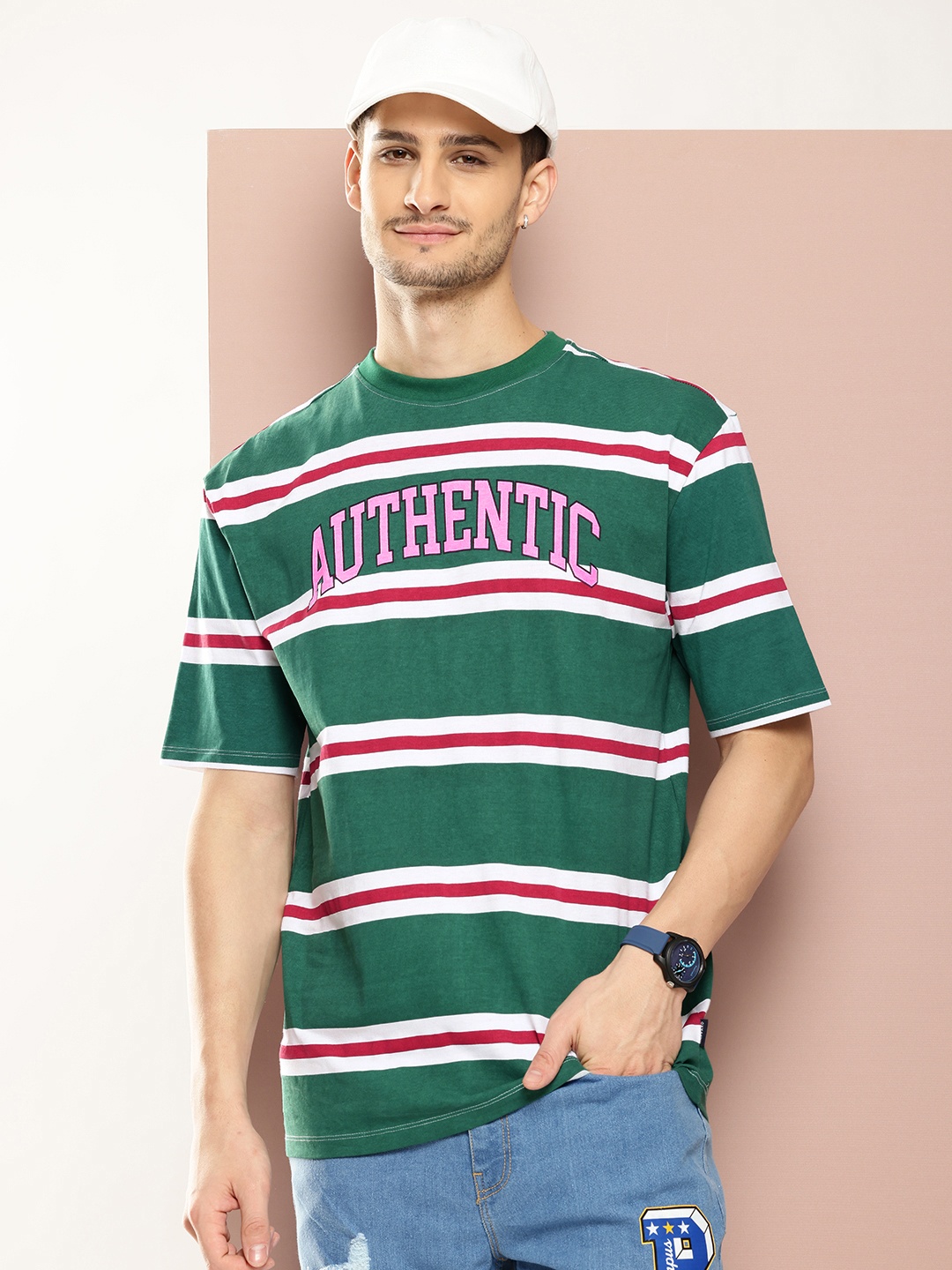 

Harvard Striped Drop-Shoulder Sleeves Pure Cotton T-shirt, Green