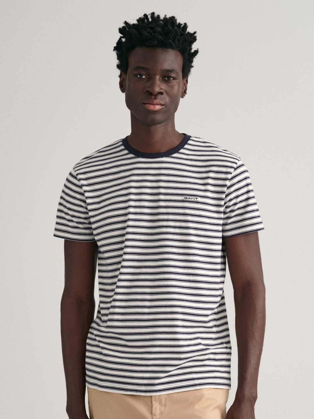

GANT Round Neck Striped Printed Cotton T-Shirt, White