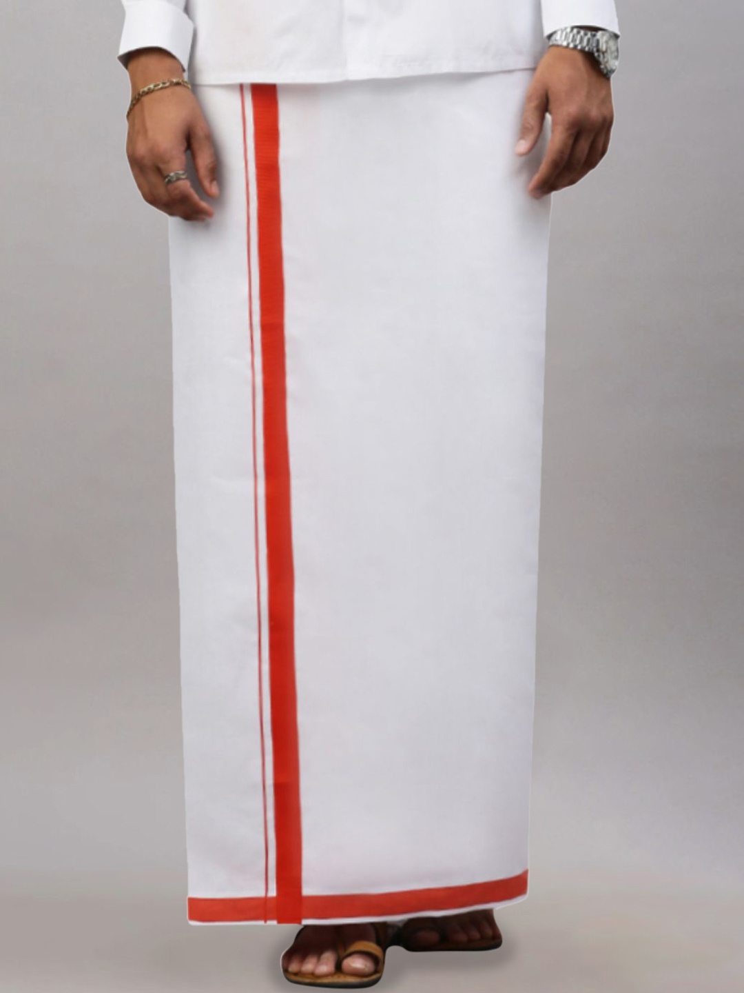 

RAMRAJ Men Solid Dhoti With Fancy Border, White