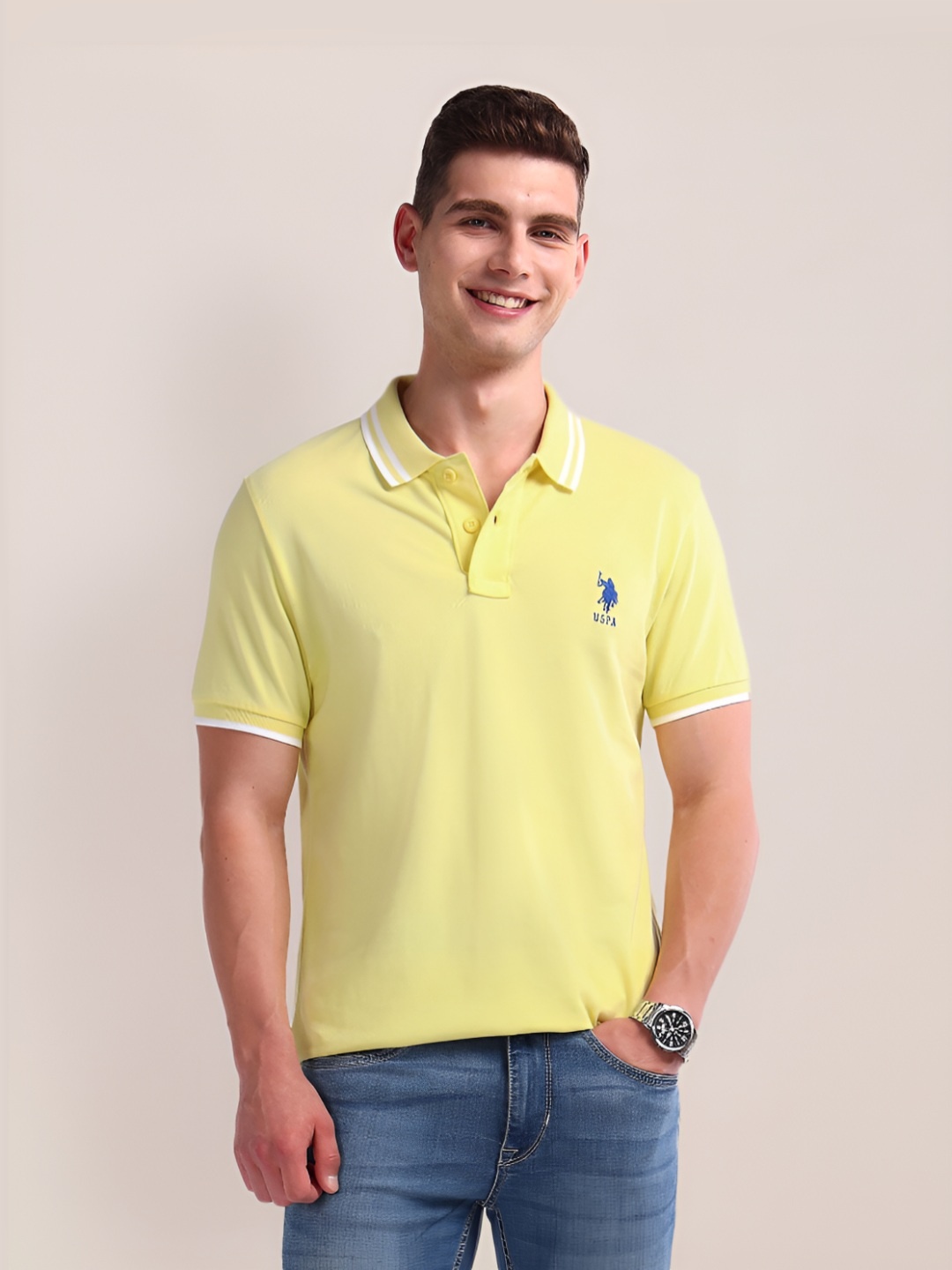 

U.S. Polo Assn. Men Solid Polo Collar Cotton Slim Fit T-Shirt, Yellow