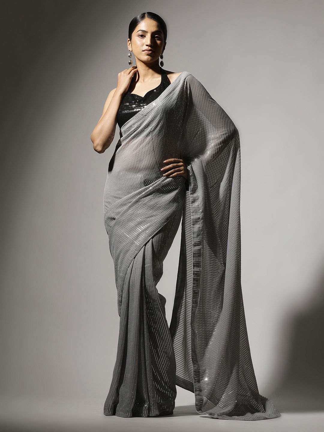 

Qahal Striped Sequinned Pure Georgette Saree, Grey