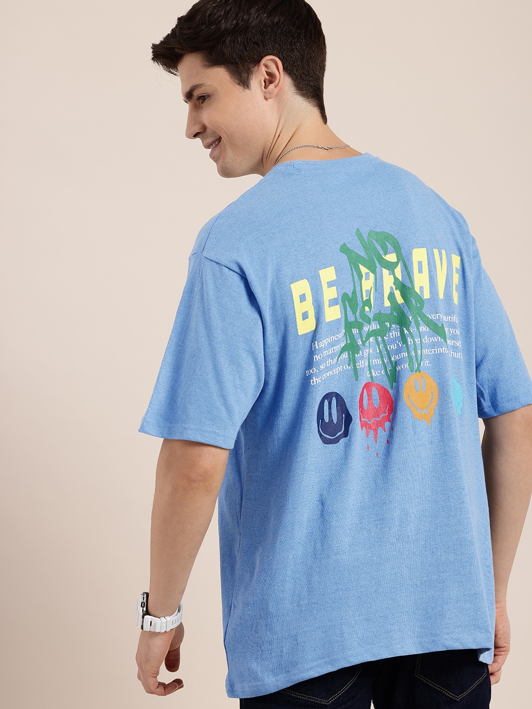

HERE&NOW Typography Printed Oversized Drop-Shoulder Sleeves T-shirt, Blue