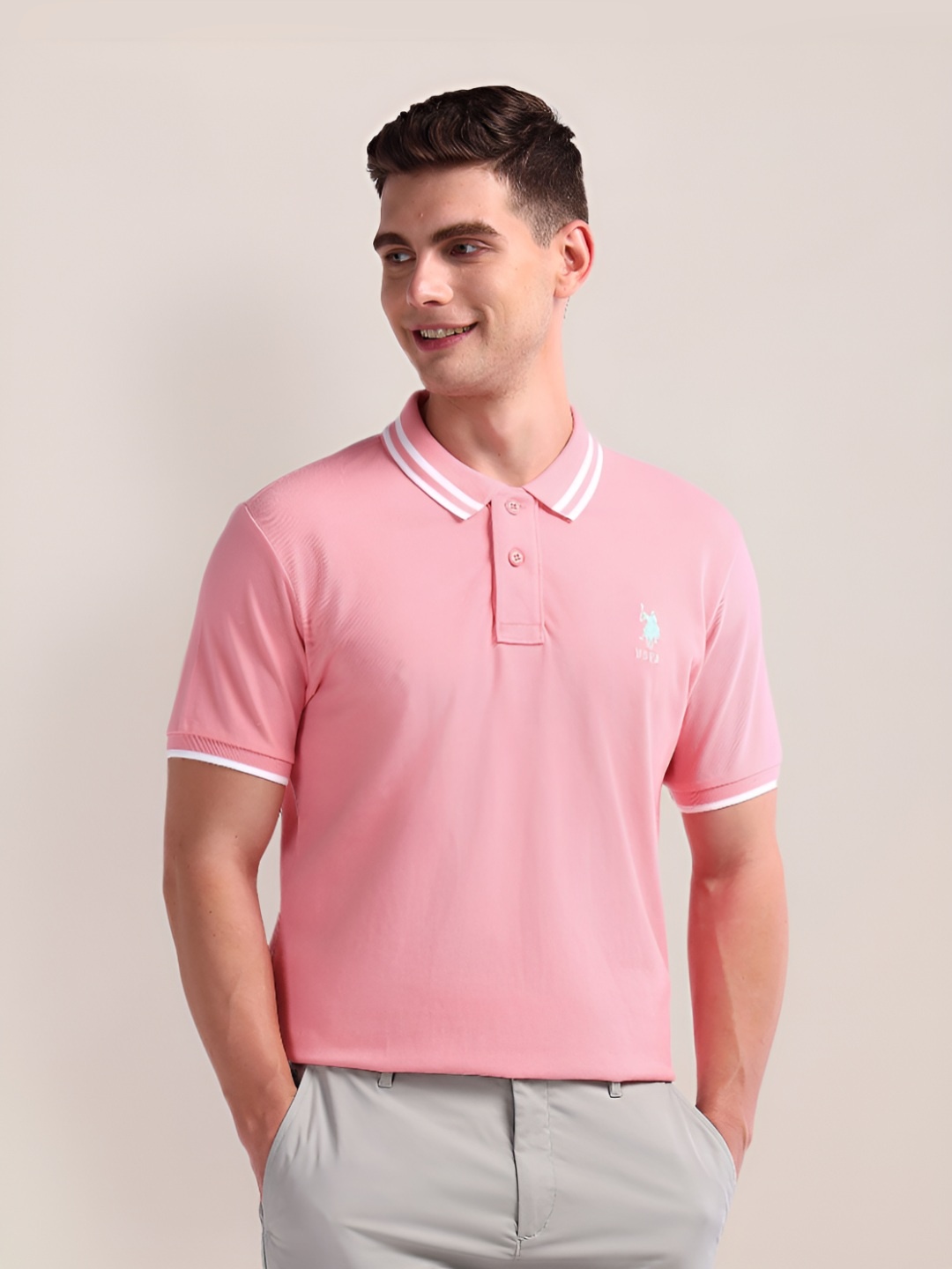 

U.S. Polo Assn. Men Solid Polo Collar Cotton Slim Fit T-Shirt, Pink