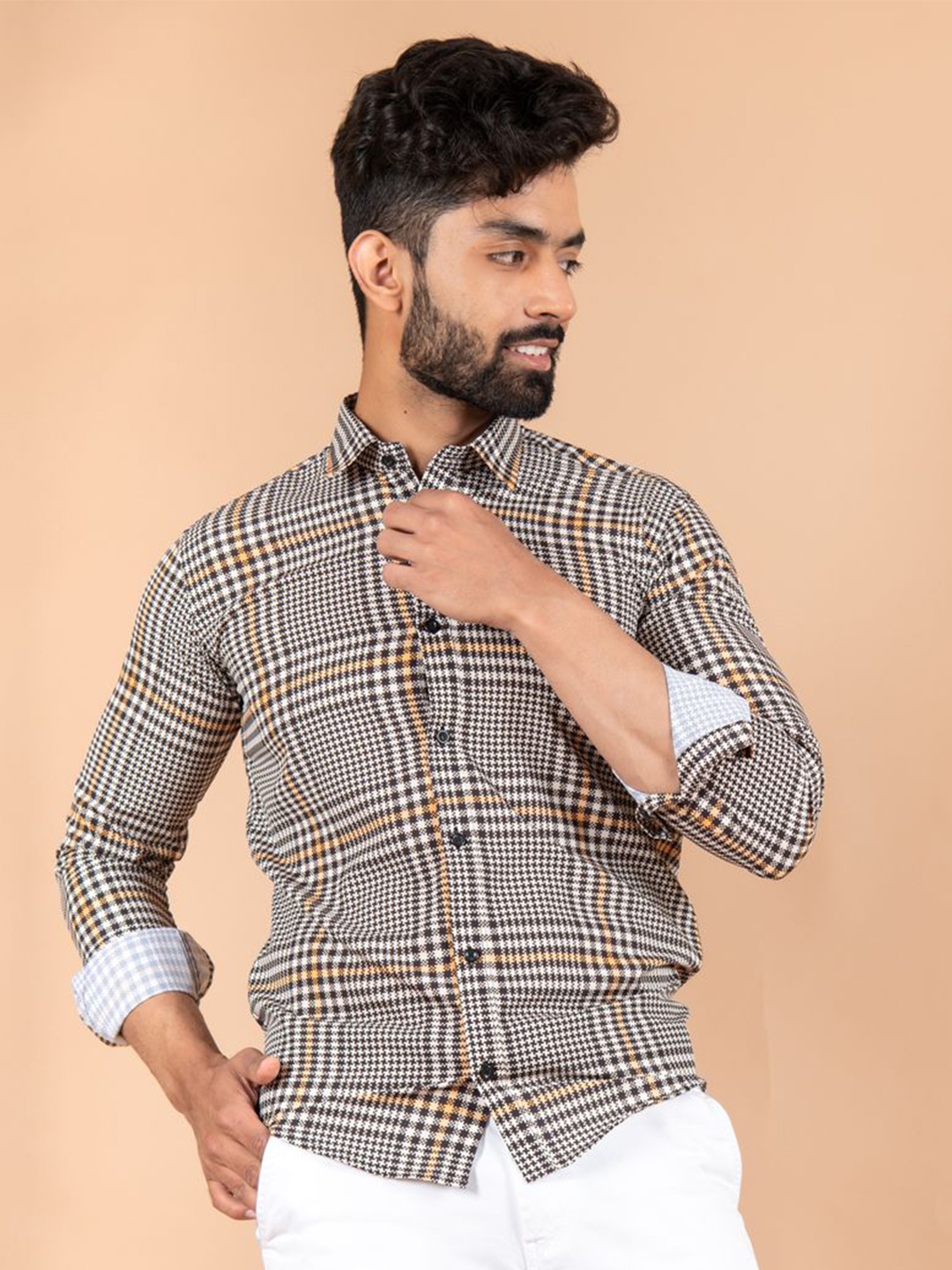 

Tistabene Men Standard Spread Collar Tartan Checked Crepe Casual Shirt, Black