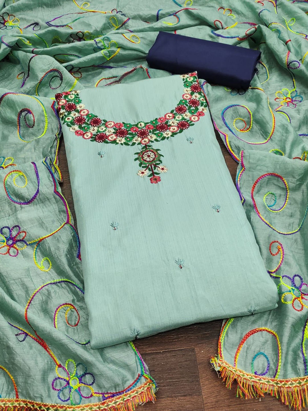 

APNISHA Floral Embroidered Pure Silk Unstitched Dress Material, Sea green
